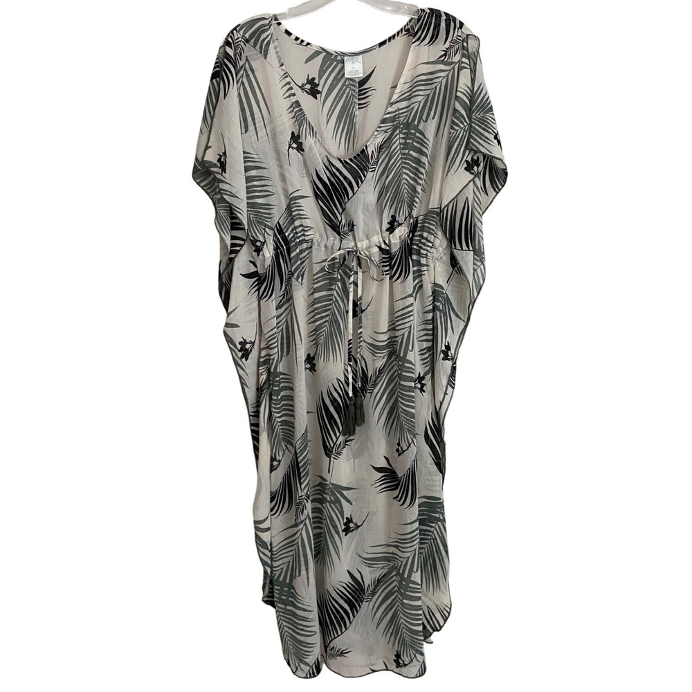 Kona Sol Womens Palm Leaf Kaftan Swim Cover Up V-Neck Drawstring Black White - S - Picture 3 of 12